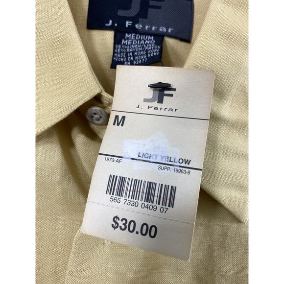 Vtg J Ferrar Shirt Mens Medium Butter Yellow Linen Blend Button Up Hong Kong NOS - Picture 4 of 9